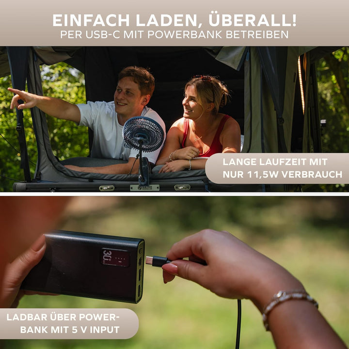 NATURBUMMLER Camping Ventilator AirCool+ leise, USB-C, mit Klemme &amp; Haken Dunkelblau, Dunkelblau