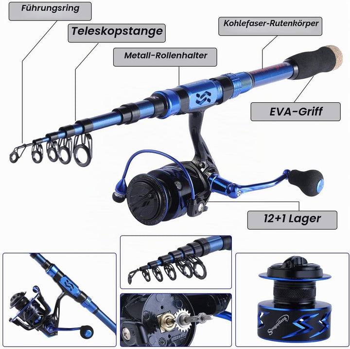Sougayilang Angelrute und Rolle Combos, Kohlefaser Teleskop Angelrute 12 +1 BB Spinning Reel mit Tra