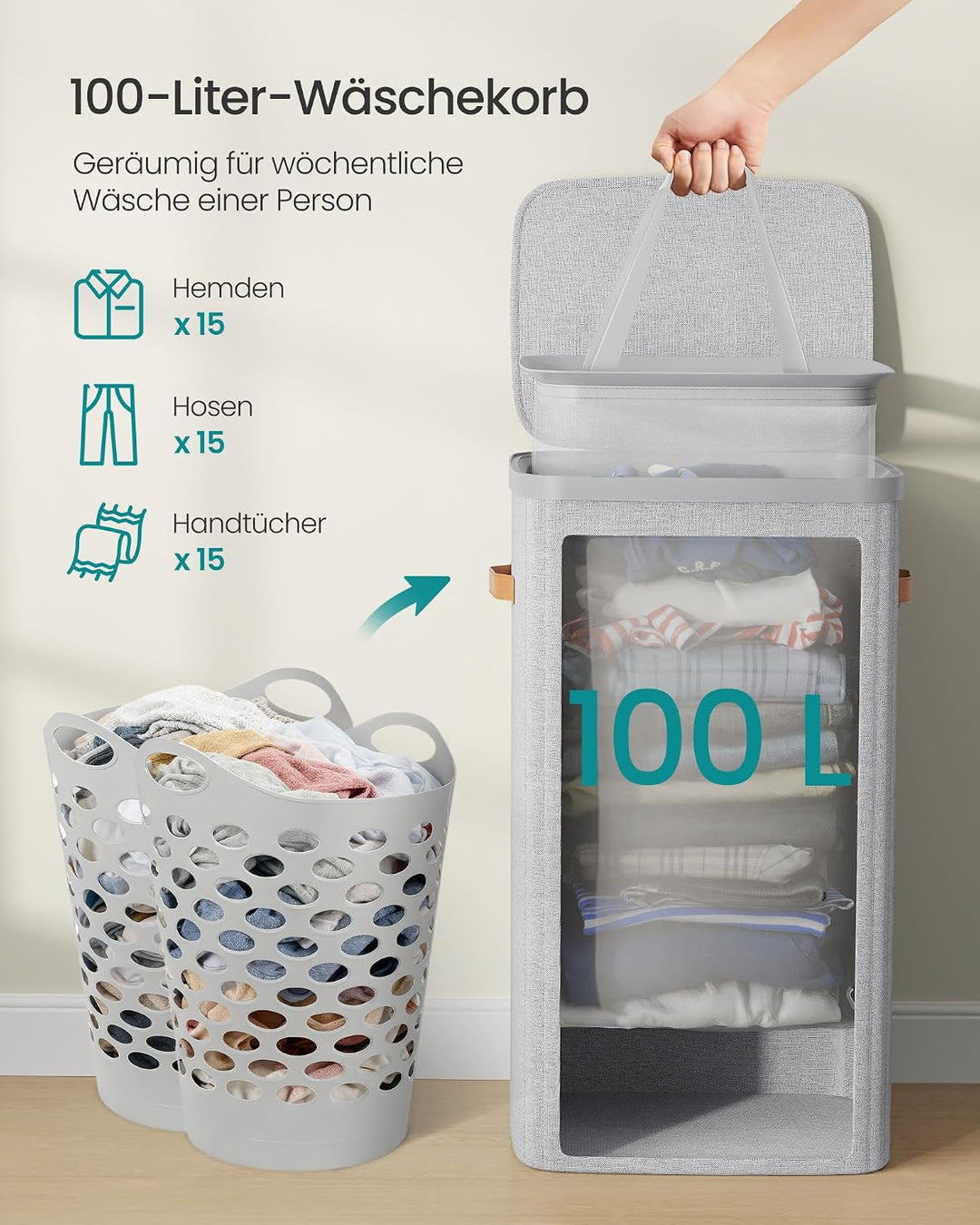 SONGMICS Wäschekorb, 100 L Wäschesammler, Wäschetonne, leichter Aufbau, mit Deckel und Griffen, hera