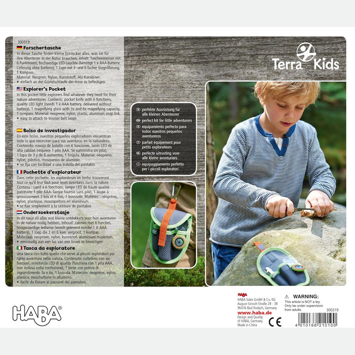 HABA Terra Kids Forschertasche – Ausrüstung mit Taschenmesser, Lupe, Kompass &amp; LED-Leuchte, ab 6 Jah
