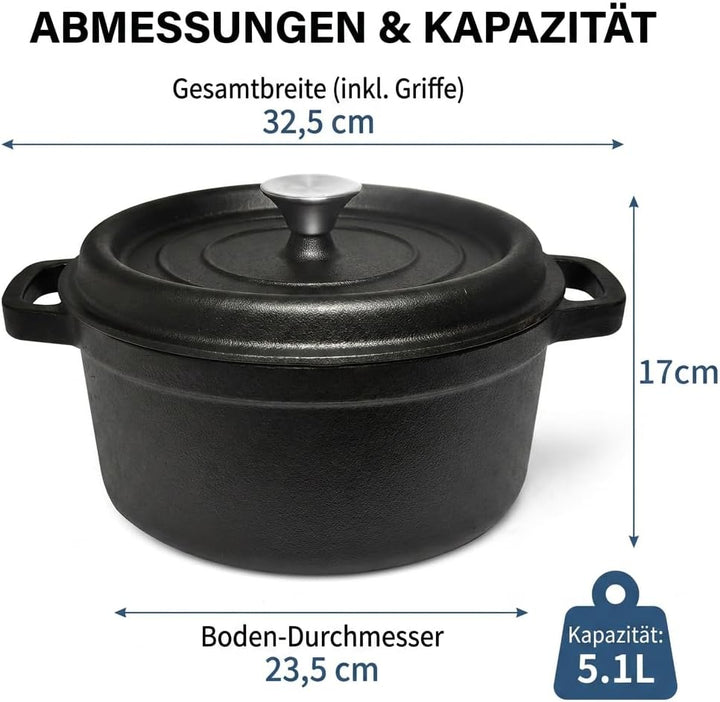 Dutch Oven 26 cm 5.1L Gusseiserner Topf Bräter Brot Backen Brotbacktopf 26CM, 26CM
