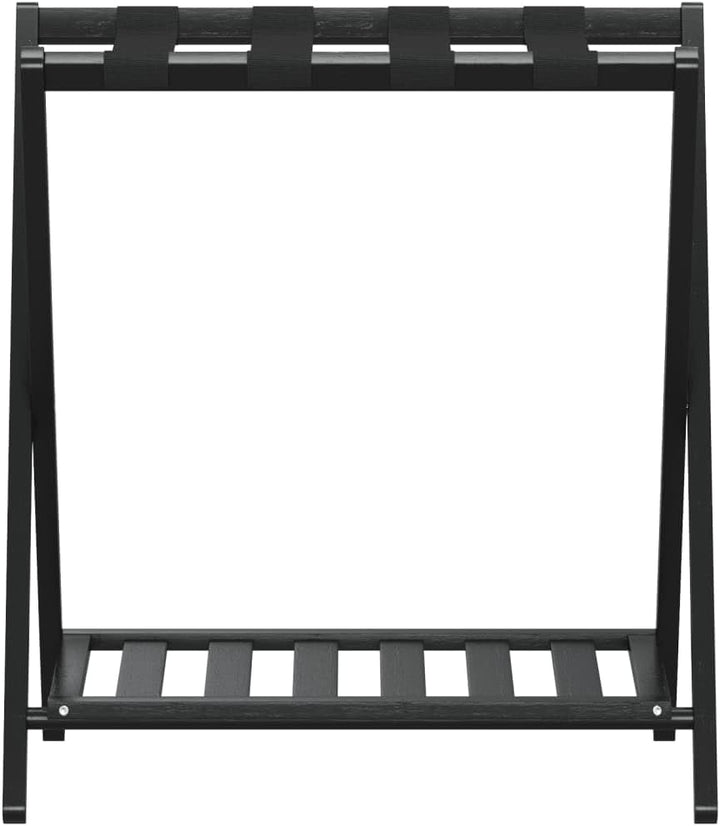 Gepäckablage Schwarz aus Bambus 68 x 38 x 58 cm, klappbarer Kofferständer mit zwei Ablagen für Hotel