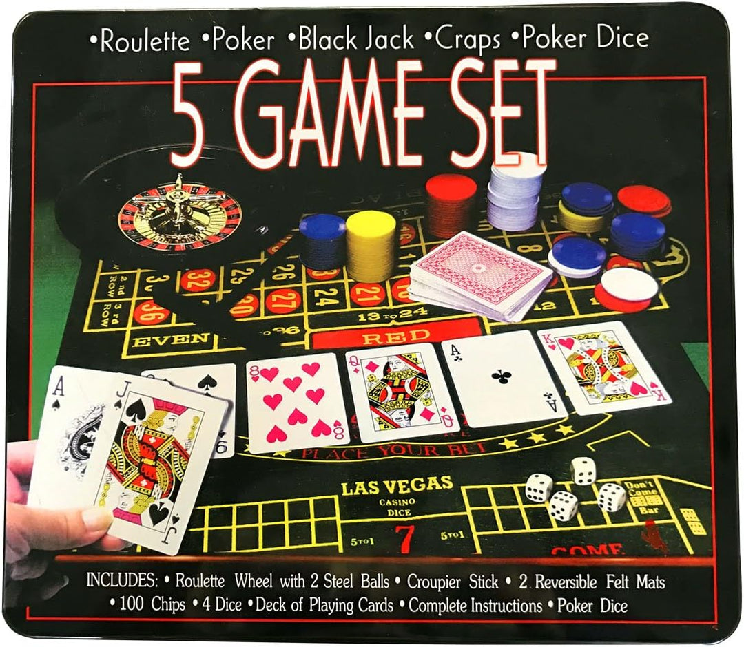 Bo-Toys 5 in 1 Casino Spiele Set: Roulette, Poker, Black Jack, Craps, Chips, Matten, Würfel, Karten,