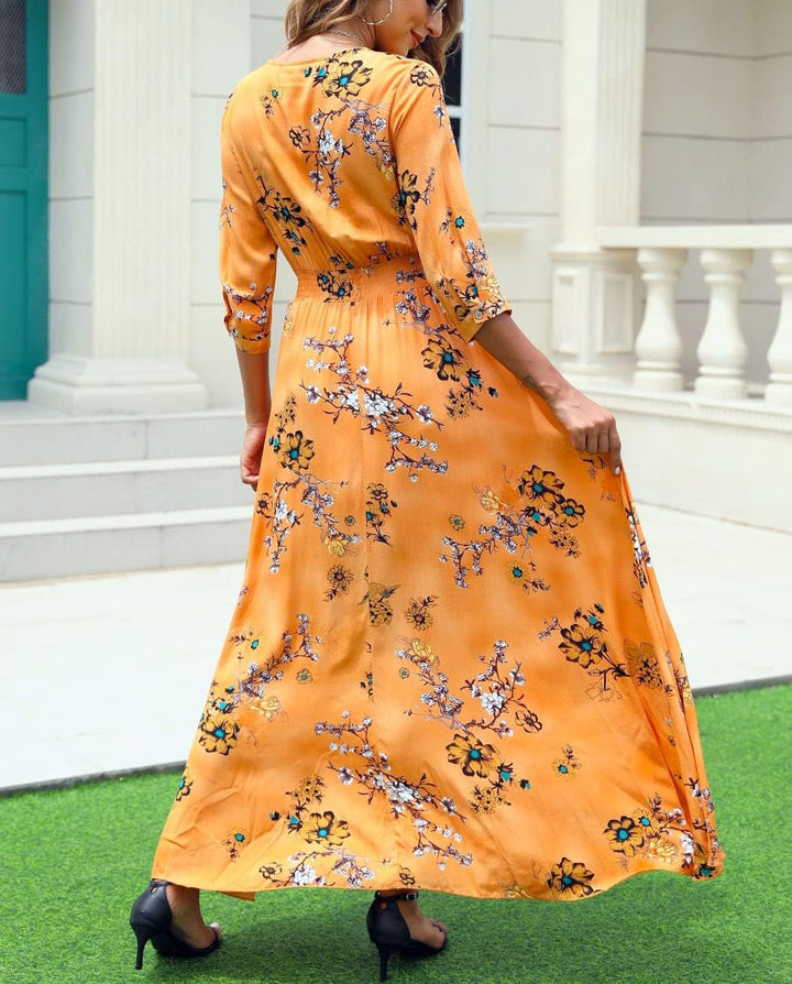 Damen Lange Split Knopf Up Sommer Maxikleid Floral Strandwear Holidy Kleid Hohe Taille mit kurzen Är