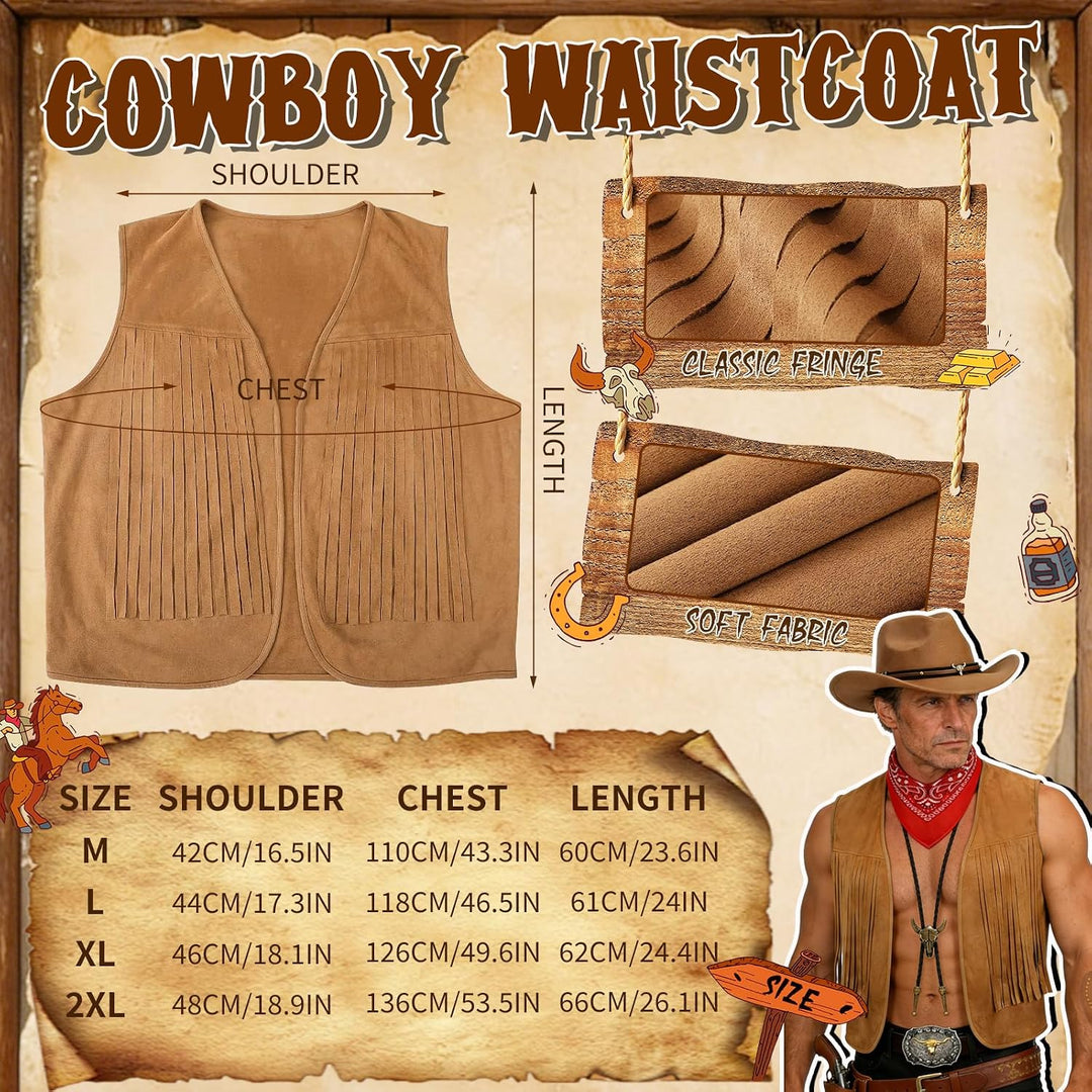 7 Stück Cowboy Kostümzubehör Set für Herren, Western Cowboy Kleidung mit Hut Quastenweste Paisley Ba