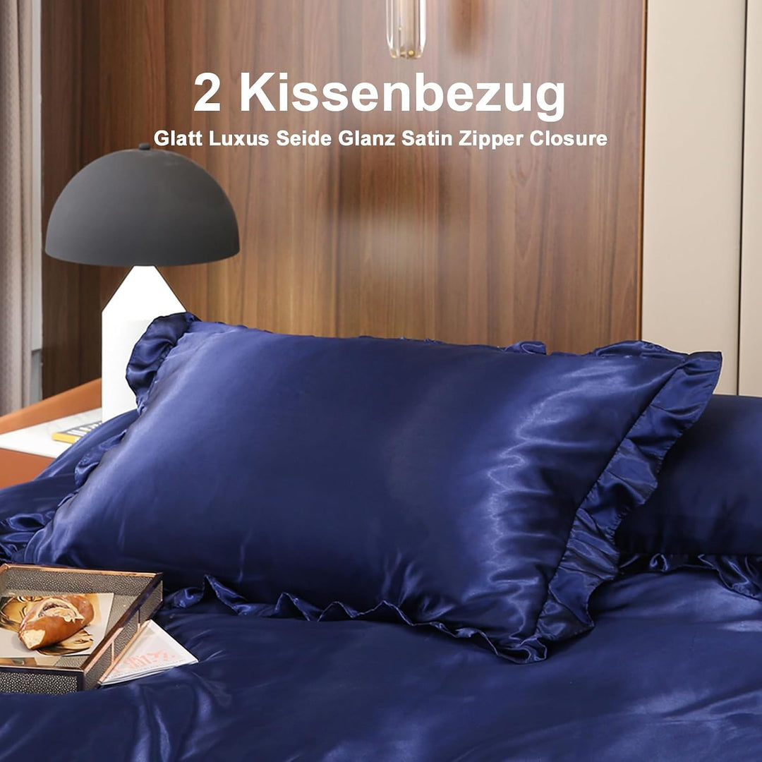 Freyamy Bettwäsche 155x220 Glatt Luxus Seide Bettwäsche Set Blau Dunkelblau Einfarbig Rüschen Romant