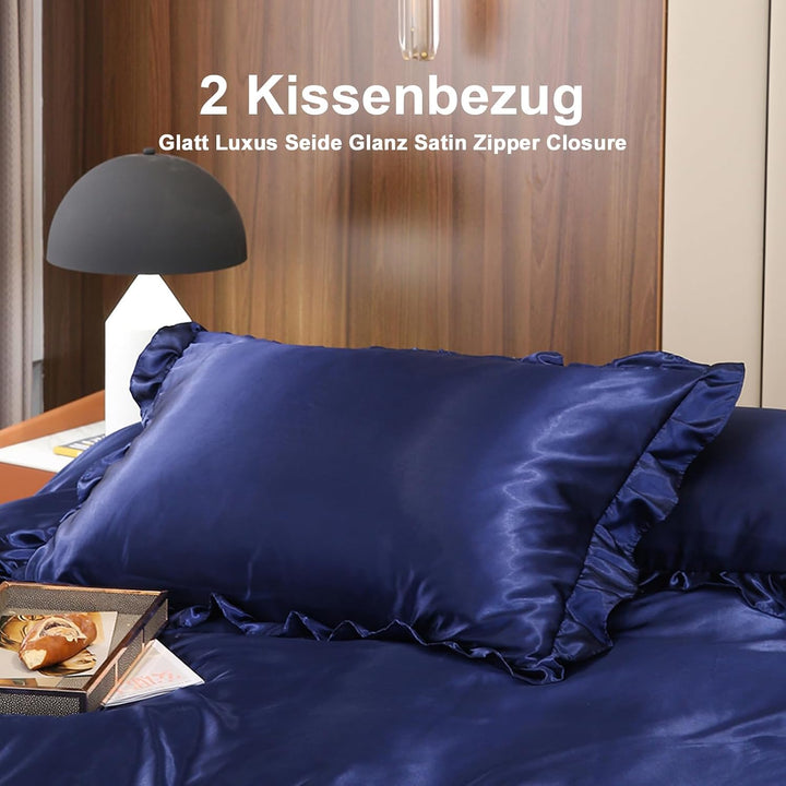 Freyamy Bettwäsche 200x220 Glatt Luxus Seide Bettwäsche Set Blau Dunkelblau Einfarbig Rüschen Romant