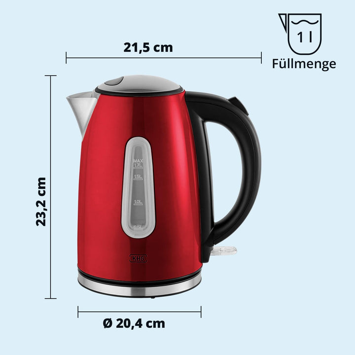 KHG Frühstücksset aus Wasserkocher &amp; Toaster in Rot, Edelstahl Metallic Chrom, 1,7l Kapazität &amp; 2 To