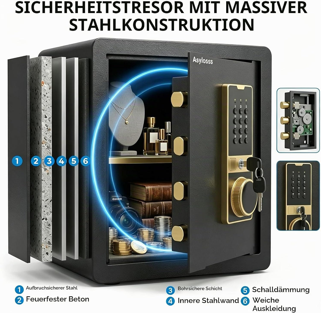 53L Digitaler Einbruchschutztresor mit 3-Wege-Schloss | Stahlbau, herausnehmbares Regal, Dual-Alarm,