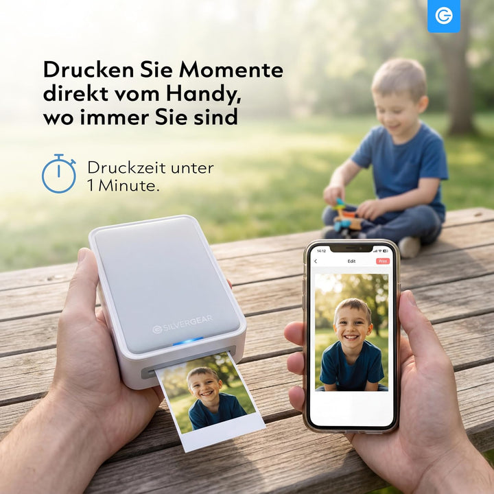 Silvergear® Fotodrucker für Smartphone | Mini Drucker Bluetooth mit App | iOS &amp; Android | 300dpi Sof