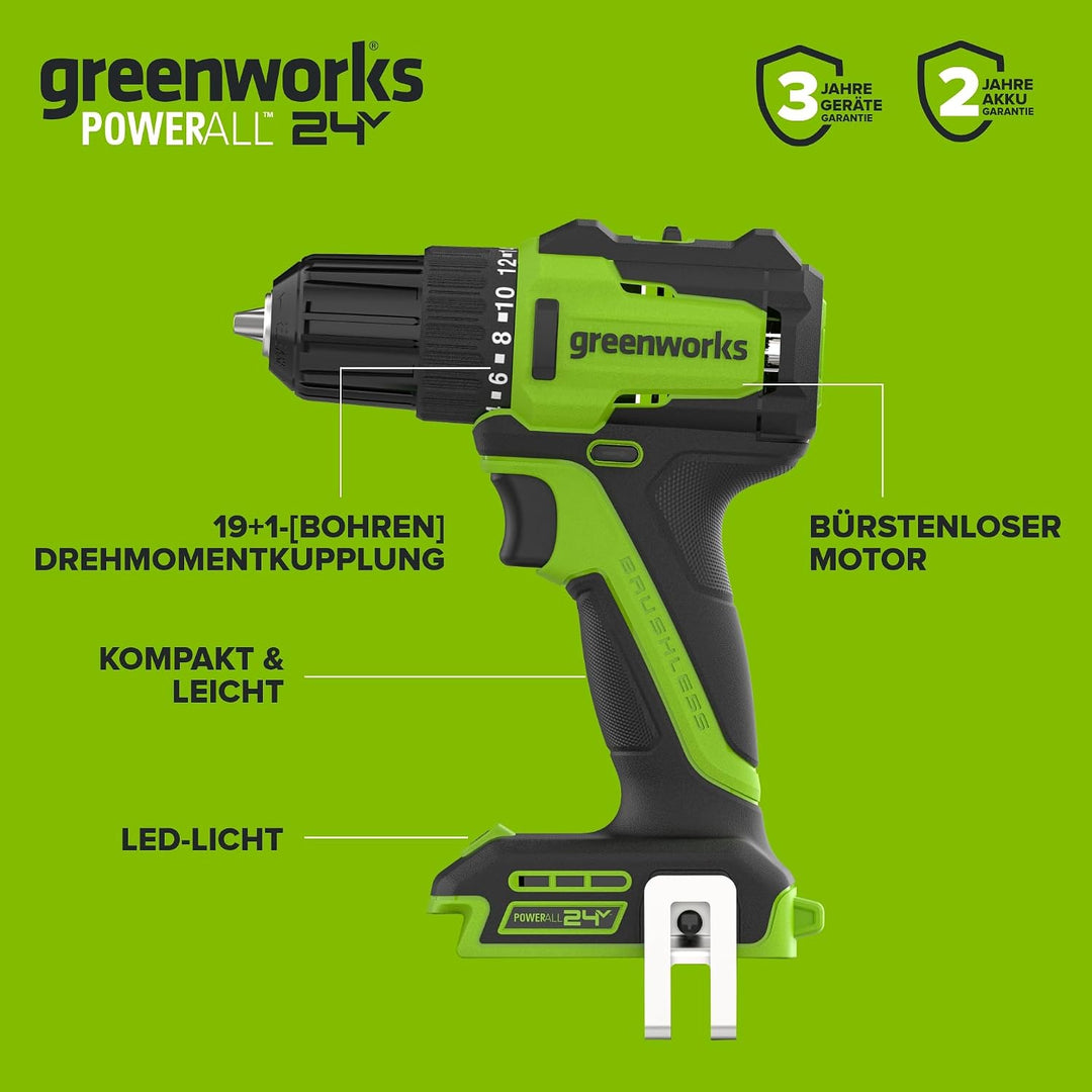 Greenworks 24V Akku‑Bürstenlos‑Bohrschrauber DD335, 35 Nm Drehmoment, inkl. 2Ah USB‑C Akku, 30W Lade