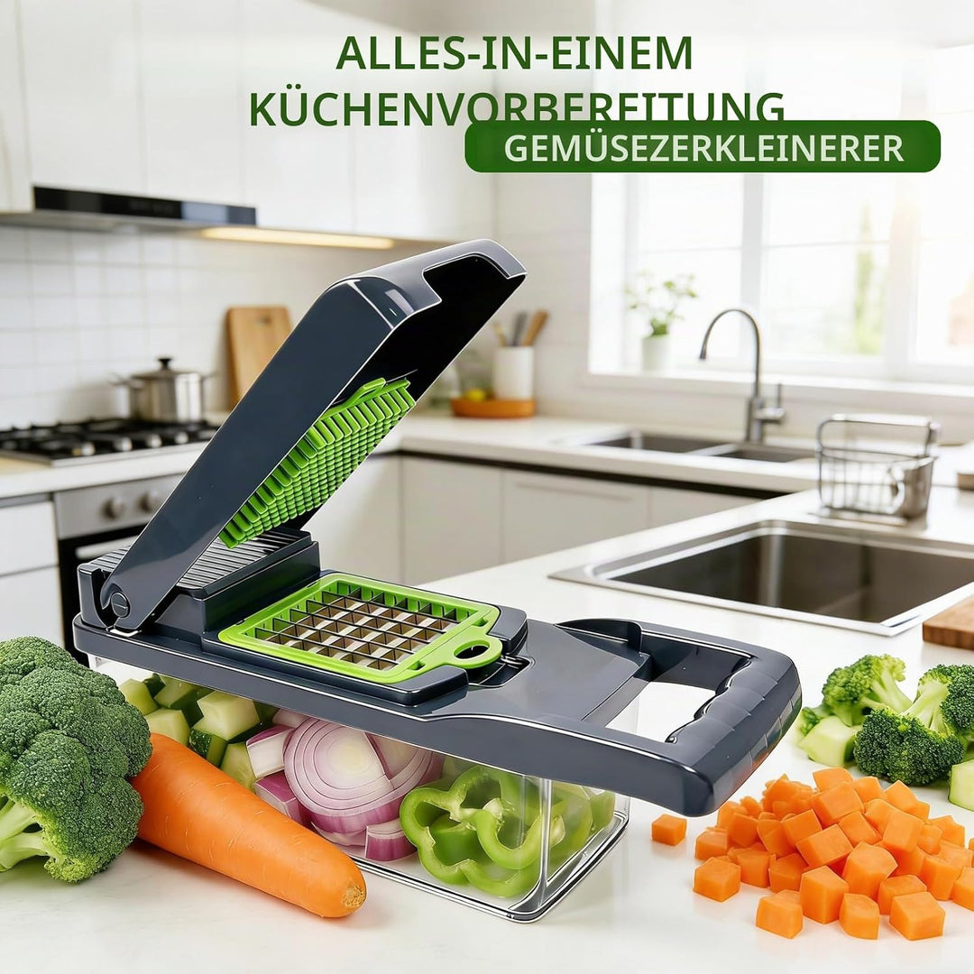 16-in-1 Gemüseschneider &amp; MandoIine – Multifunktionaler Gemüsehobel mit Auffangbehälter, Abtropfkorb