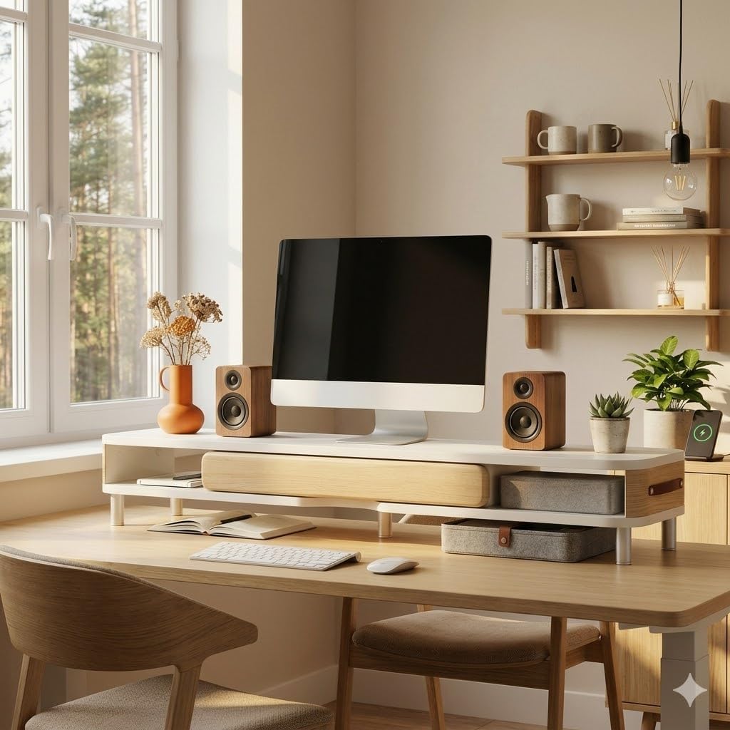 Fenge Dual Monitorständer mit Schublade, 108cm Bildschirmerhöhung mit Aluminiumbeinen &amp; Ledergriff,