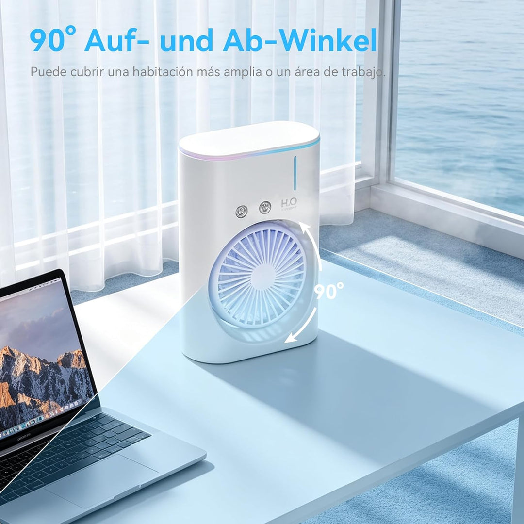 Tischventilator mit Sprühnebel, USB Aufladbarer Mini Ventilator mit 280ml Wassertank, 3 Windstufen,