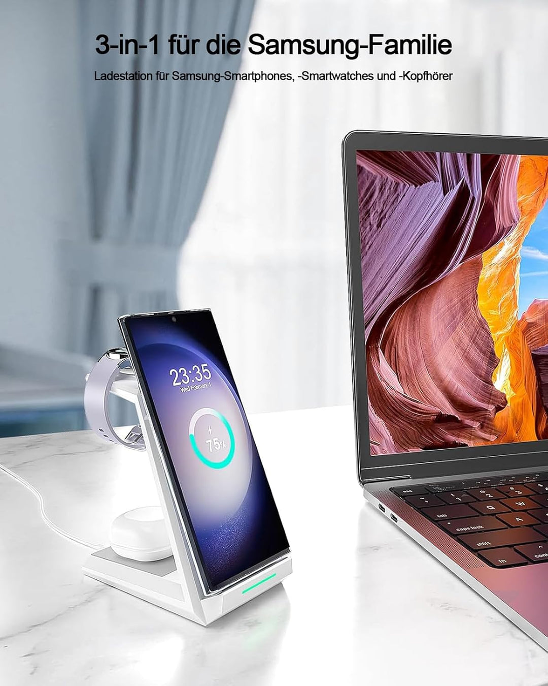 Induktive Ladestation für Samsung，ADADPU Kabelloses Ladegerät 3 in 1 Kompatibel für Galaxy Watch 8/7