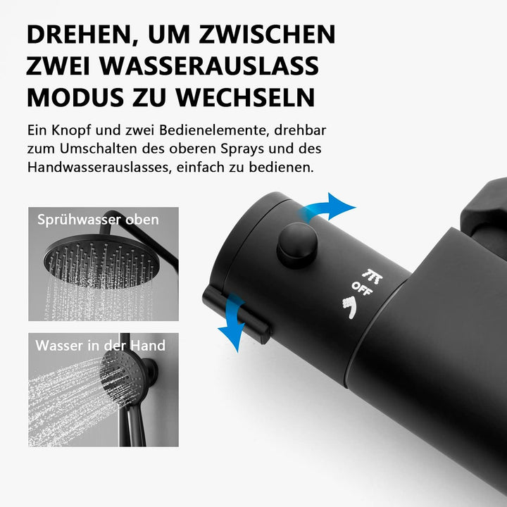 KOMIRO Φ23 cm Duschsystem mit Thermostat,Regendusche mit armatur, Schwarz Schwarz2, Schwarz2