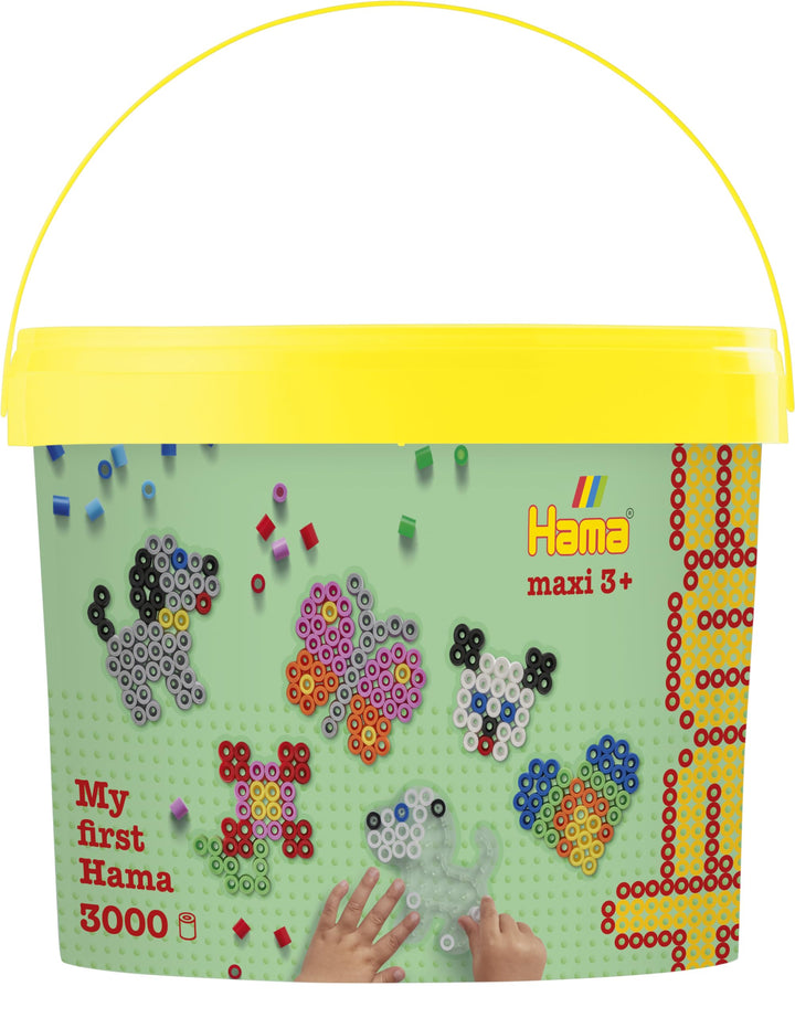Hama Perlen 8806 Bügelperlen im Eimer mit ca. 3.000 Maxi-Perlen, vier kleinen Stiftplatten, Motivvor