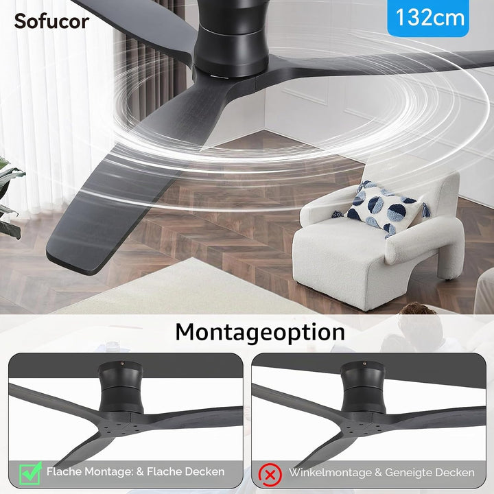 Sofucor Smart Deckenventilator mit Alexa/APP, 132cm Massivholz Deckenventilator mit Fernbedienung, W
