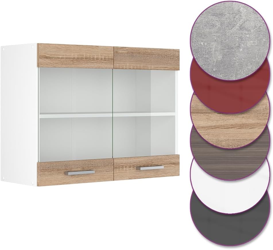 Vicco Küchenschrank Glas R-Line, Sonoma/Weiss, 80 cm Sonoma Hängeglasschrank 80cm, Sonoma Hängeglass