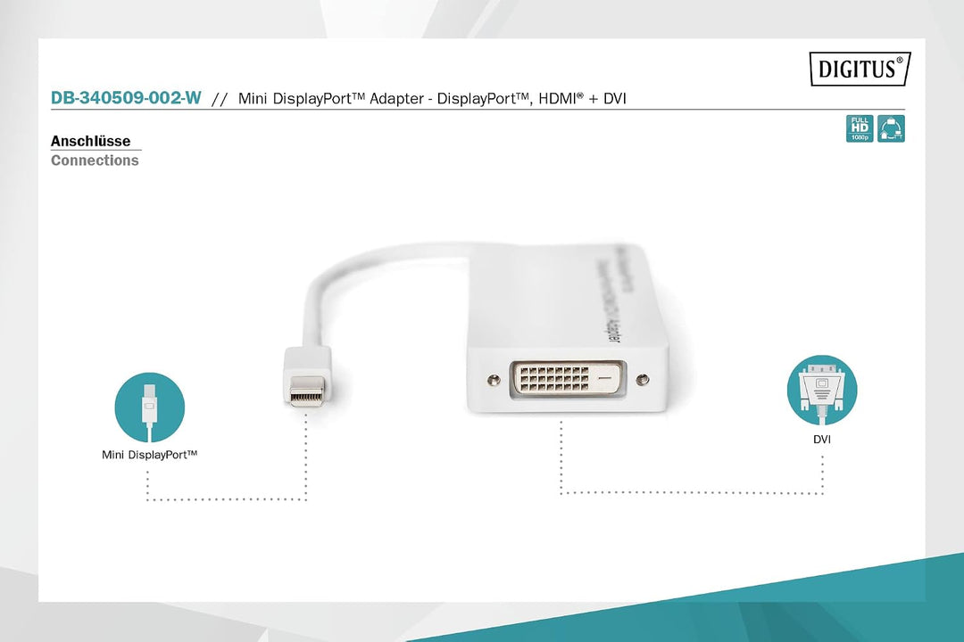 DIGITUS DisplayPort Verteilerkabel, miniDP - DP+HDMI+DVI St/Bu, 0.2m, DP 1.1a kompatibel, Weiss Full