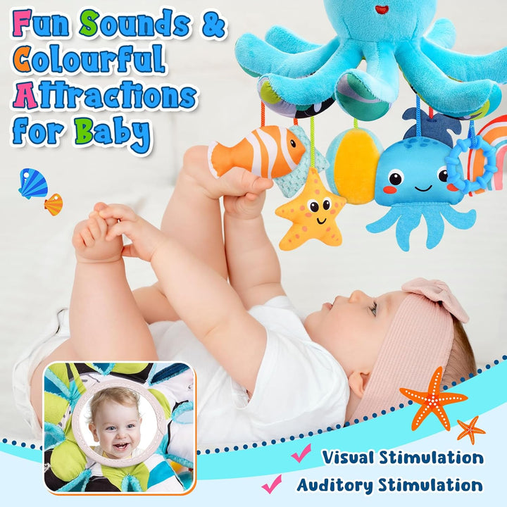 Plüsch Oktopus Baby Spielzeug 0-18 Monate – mit 8 hängenden Sensory-Spielzeugen &amp; Spiegel– Baby Mont