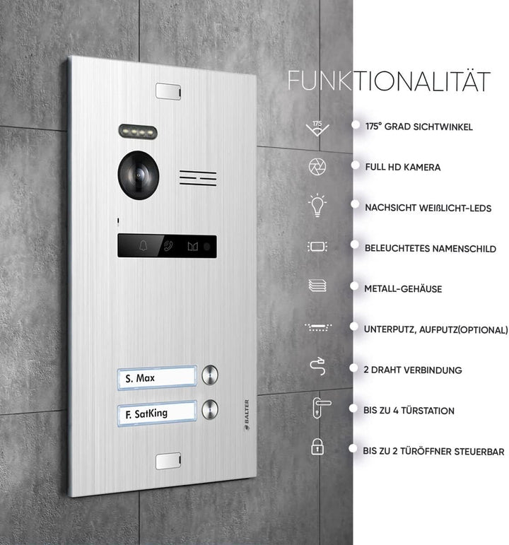 Balter EVO HD Silber/Schwarz Video Türsprechanlage Set für 2 Familienhaus (1x Türstation mit Full HD