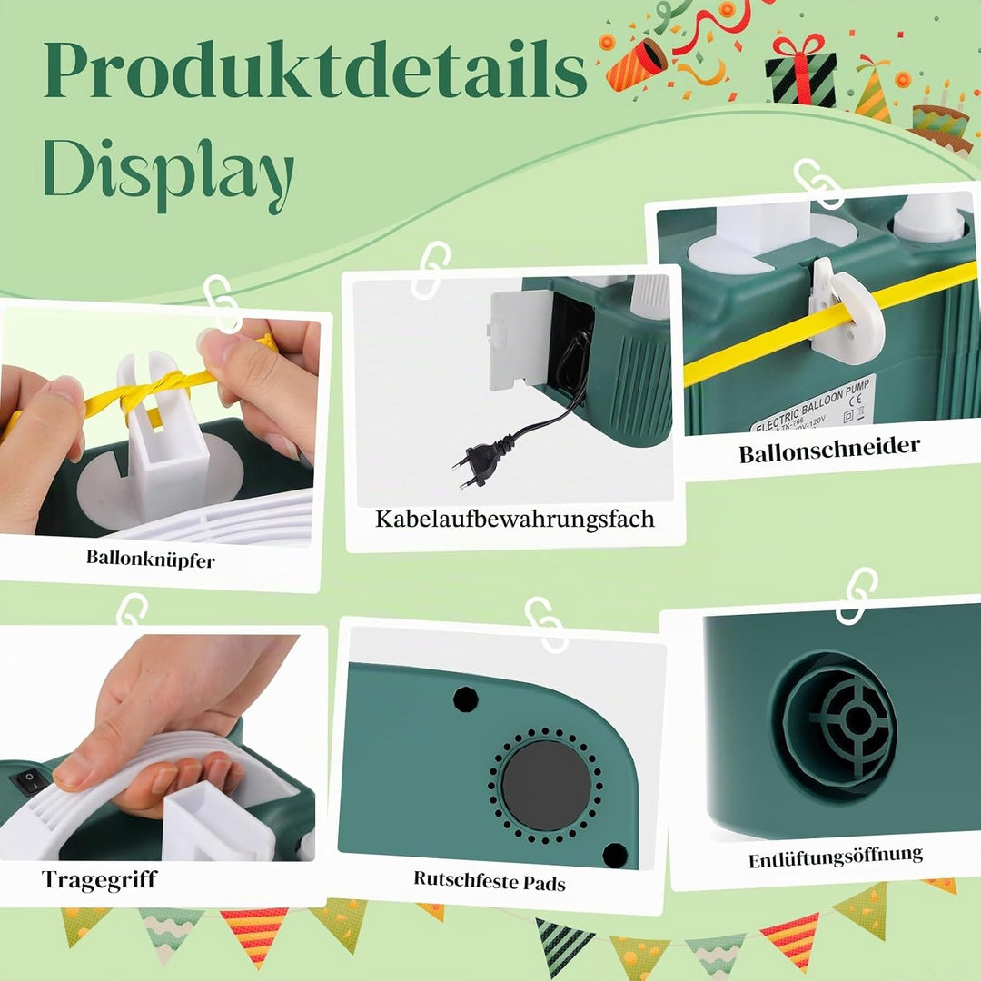PlusFive 4-in-1 Elektrische Luftpumpe, Multifunktions Ballonpumpe Elektrisch mit Dual-Motor &amp;10 Luft