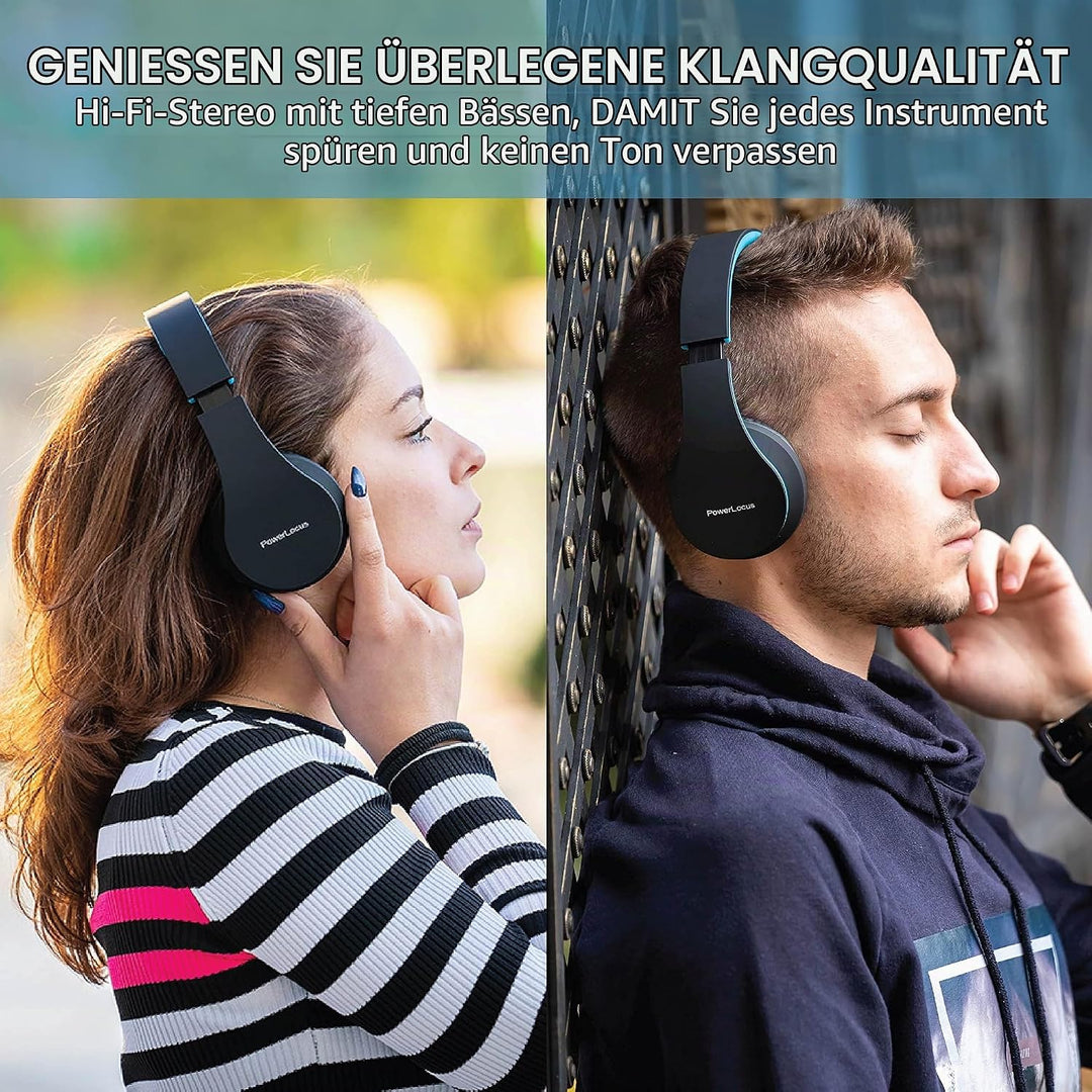 PowerLocus Bluetooth Kopfhörer Over Ear, Kabellose Kopfhörer, HiFi Stereo, Faltbare Kopfhörer mit Mi