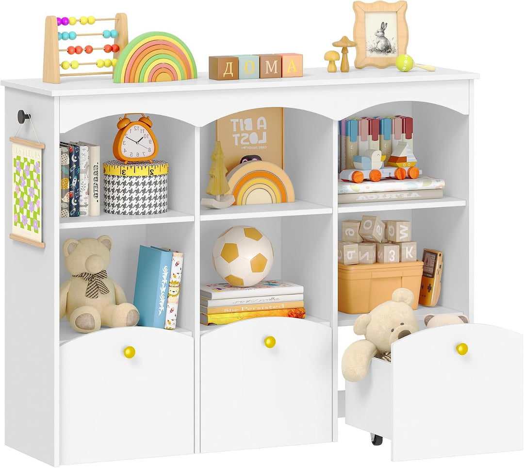 Hzuaneri Kinderregal 103 cm Breite, Kinderzimmer Möbel Weiss | Kinderregal mit 3 Rollboxen, 6 offene