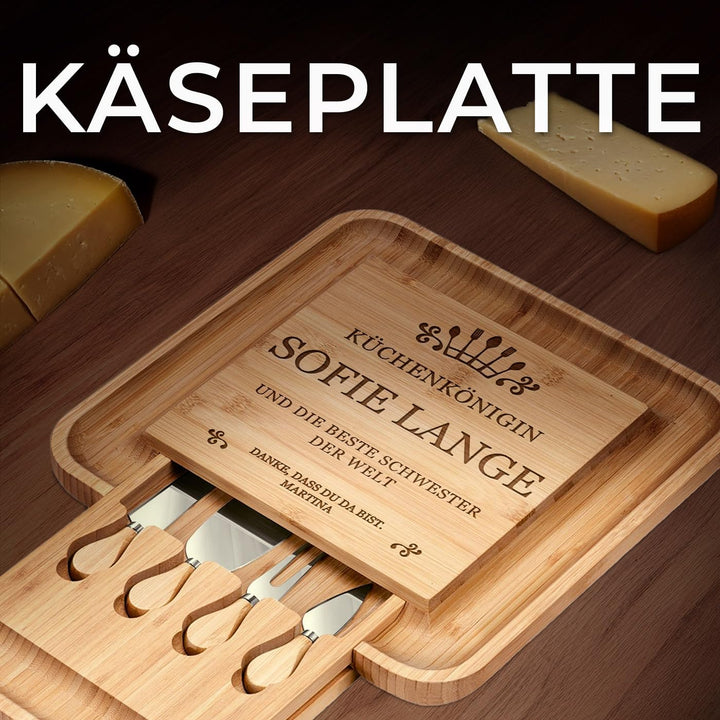 Maverton Käsebrett Servierplatte mit Gravur + 4er Käsemesser Set, aus Holz Küchenkönigin, Küchenköni