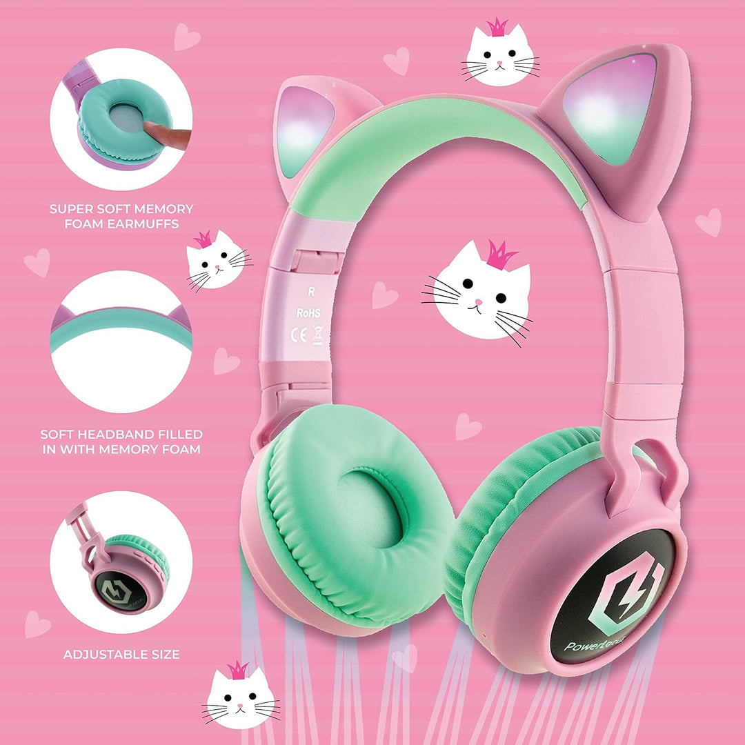 PowerLocus Bluetooth Kopfhörer Kinder, LED Katzenohren, 85dB Sichere Lautstärke, Bluetooth 5.3, Micr
