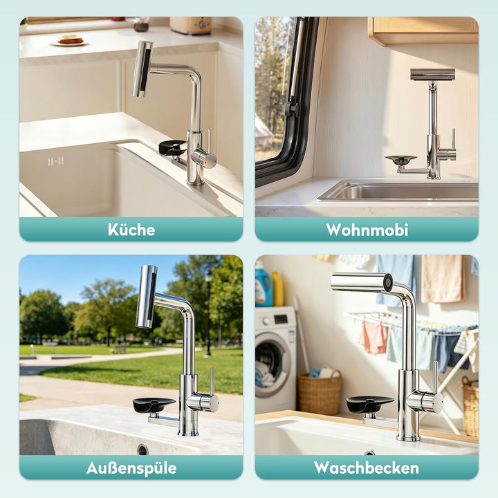 MIAOHUI Wasserhahn Küche mit Glasspüler, Chrom | 4 Funktionen Armatur Küche Ausziehbar, Einhebel küc