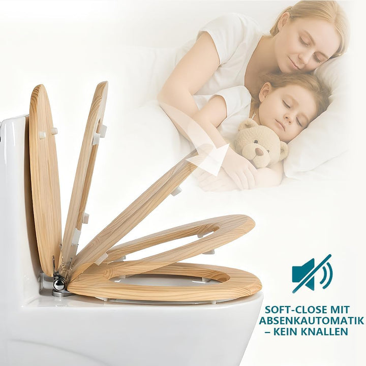 WC-Sitz aus Massivholz – Kiefer, mit Absenkautomatik, Schnellverschluss &amp; Easy-Clean, Soft-Touch – P