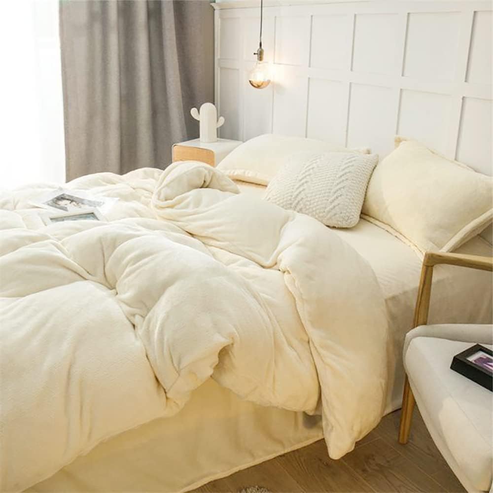 Omela Warm Fleece Winter Bettwäsche 135x200 Creme Weiss Cashmere Touch Plüsch Bettbezug mit Kopfkiss
