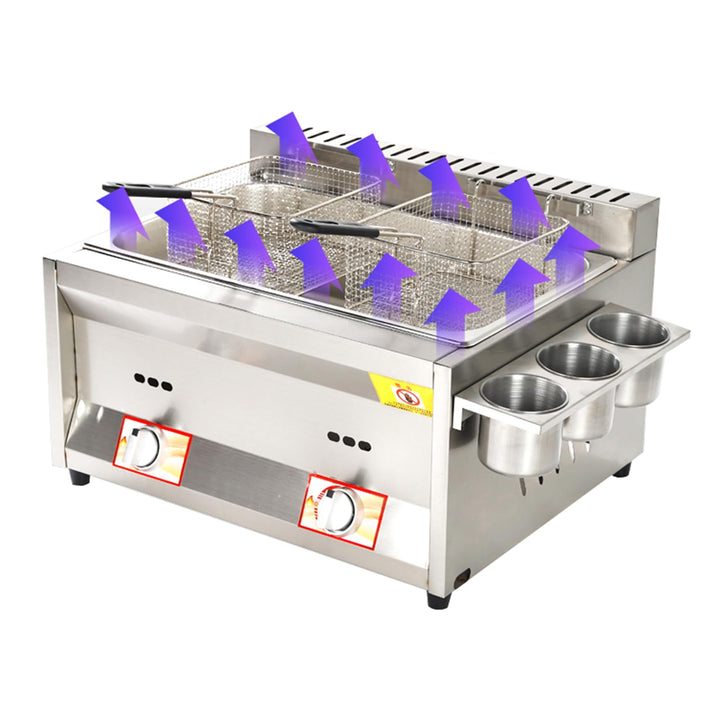 Kommerzielle Arbeitsplatte Gas Fritteuse Doppeltanks mit 2 Korb und Deckel, Edelstahl LPG Friteuse,