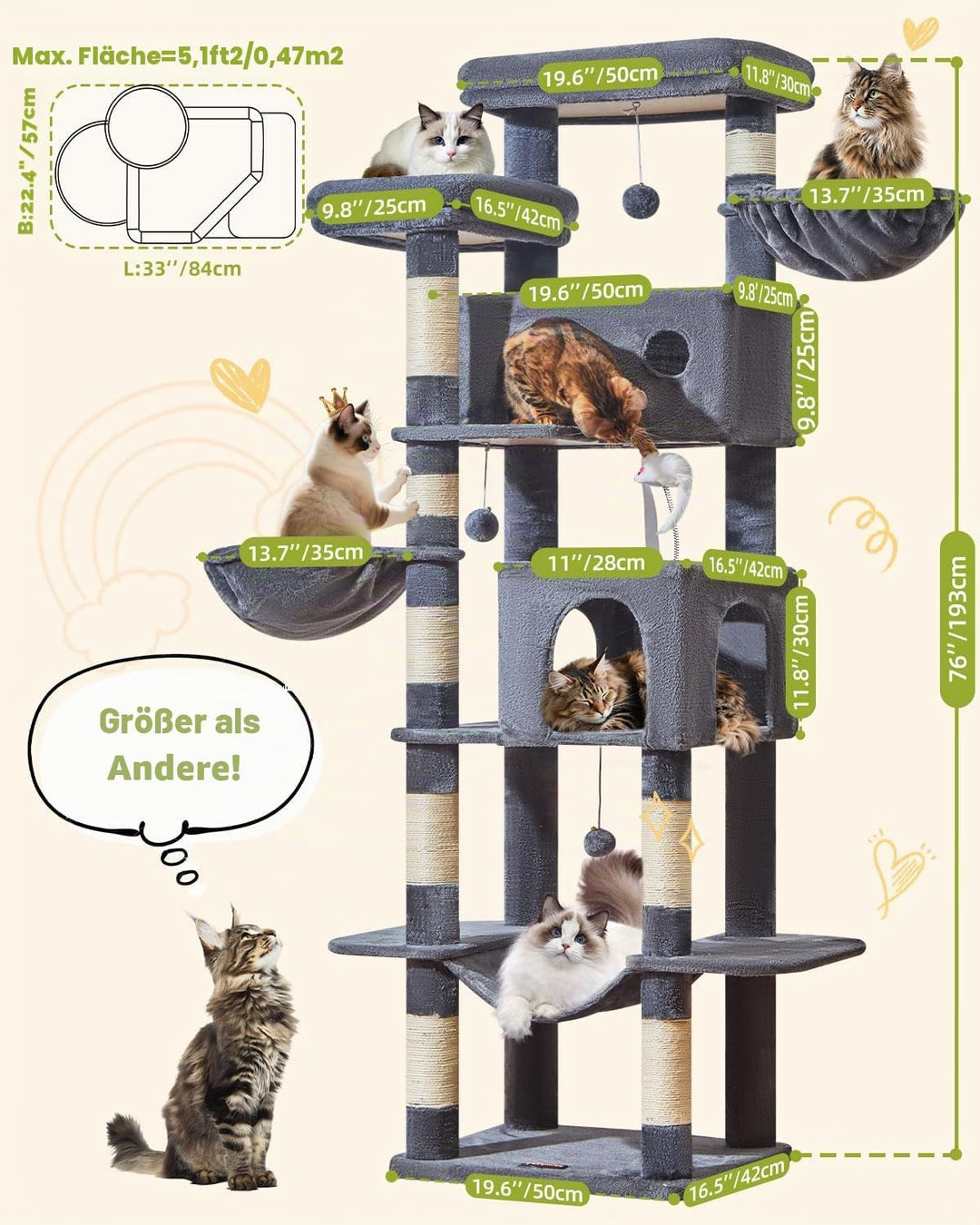 Taoqimiao 193CM Kratzbaum Gross XXL, Katzenbaum Katzenbaum Grosse Katzen Stabil Katzenkratzbaum mit