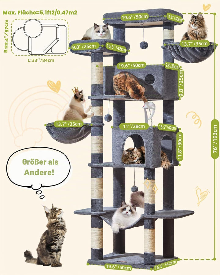 Taoqimiao 193CM Kratzbaum Gross XXL, Katzenbaum Katzenbaum Grosse Katzen Stabil Katzenkratzbaum mit