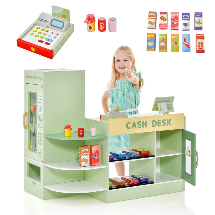 DREAMADE Kasse Kaufladen Kinder, Kaufmansladen Holz mit realistischer Kasse &amp; Verkaufsautomat, Spiel