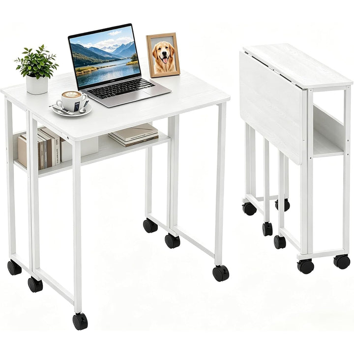 Kleiner Rolltisch Mit Ablagefach, 63x50x75Cm Kleiner Schreibtisch Klappbar, Faltbarer Computertisch