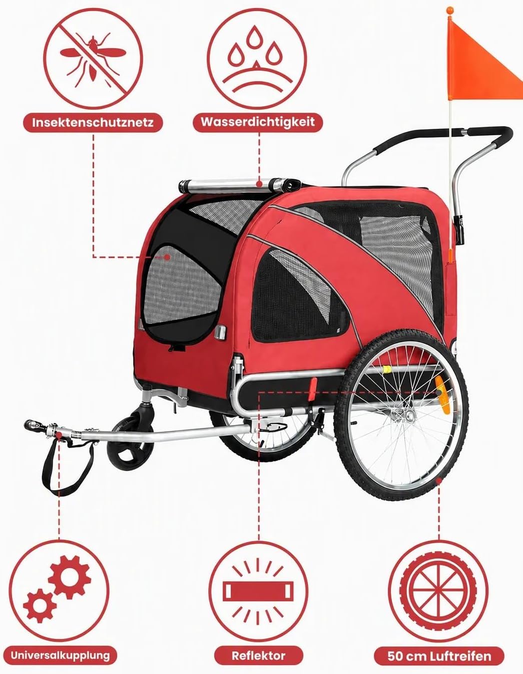 Hundeanhänger 2-in-1 für Fahrrad &amp; Jogger Red