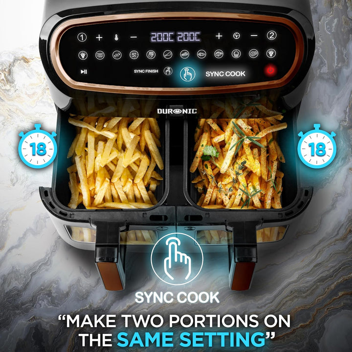Duronic AF34 BG Heissluftfritteuse | XXL Doppel Fritteuse mit 2 Kammern und 10 Liter Volumen | Cook
