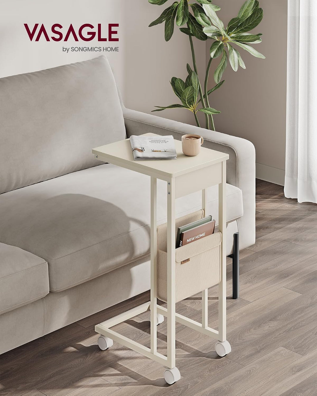 VASAGLE Beistelltisch, Sofatisch mit Rollen, C Form, Couchtisch klein, Stofftasche, verstellbare Füs