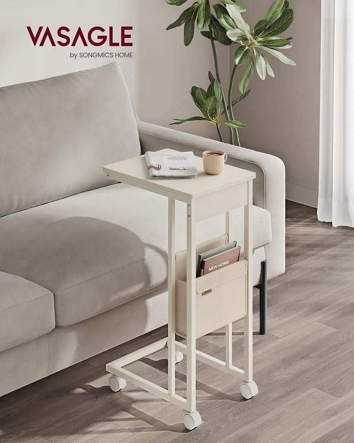 VASAGLE Beistelltisch, Sofatisch mit Rollen, C Form, Couchtisch klein, Stofftasche, verstellbare Füs