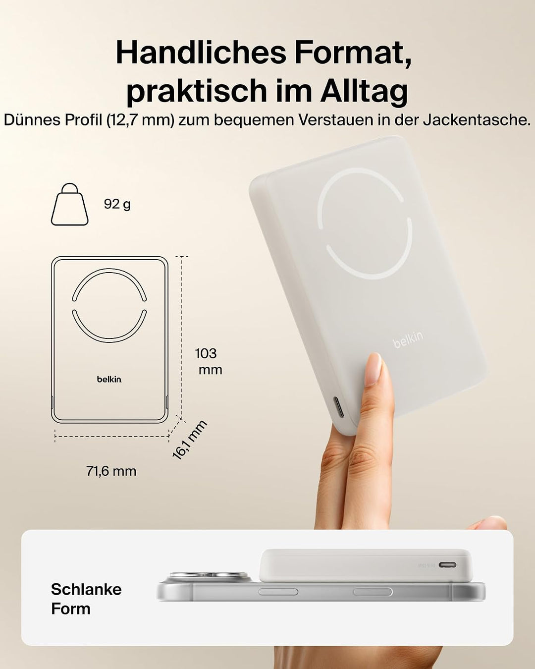 Belkin BoostCharge 10000mAh Magnetische Power Bank mit Magnetring – Beige Sandfarben, Sandfarben