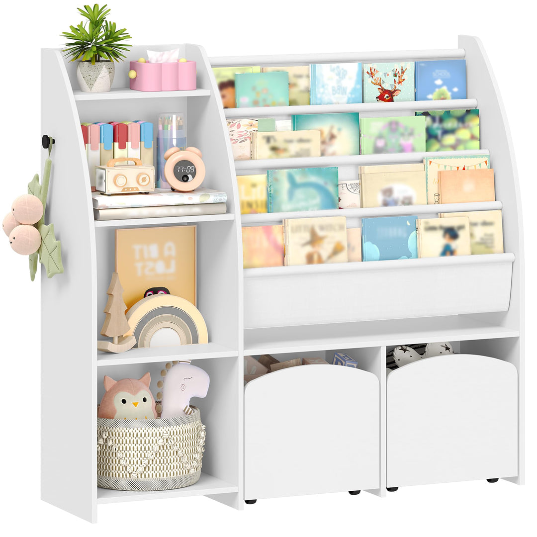 Hzuaneri Kinderregal mit Zeitungsständer, Bücherregal Kinder mit 2 Säulen, 4 Ablagen, Spielzeugregal