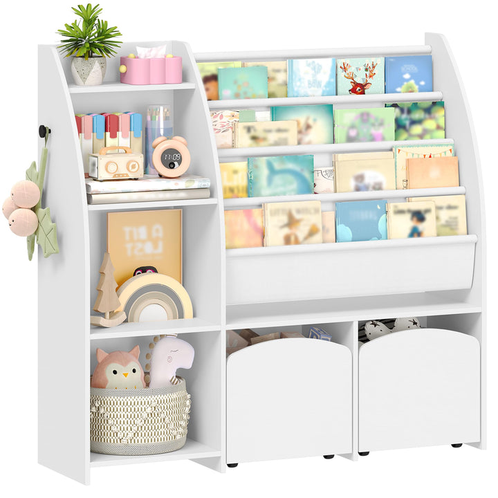 Hzuaneri Kinderregal mit Zeitungsständer, Bücherregal Kinder mit 2 Säulen, 4 Ablagen, Spielzeugregal