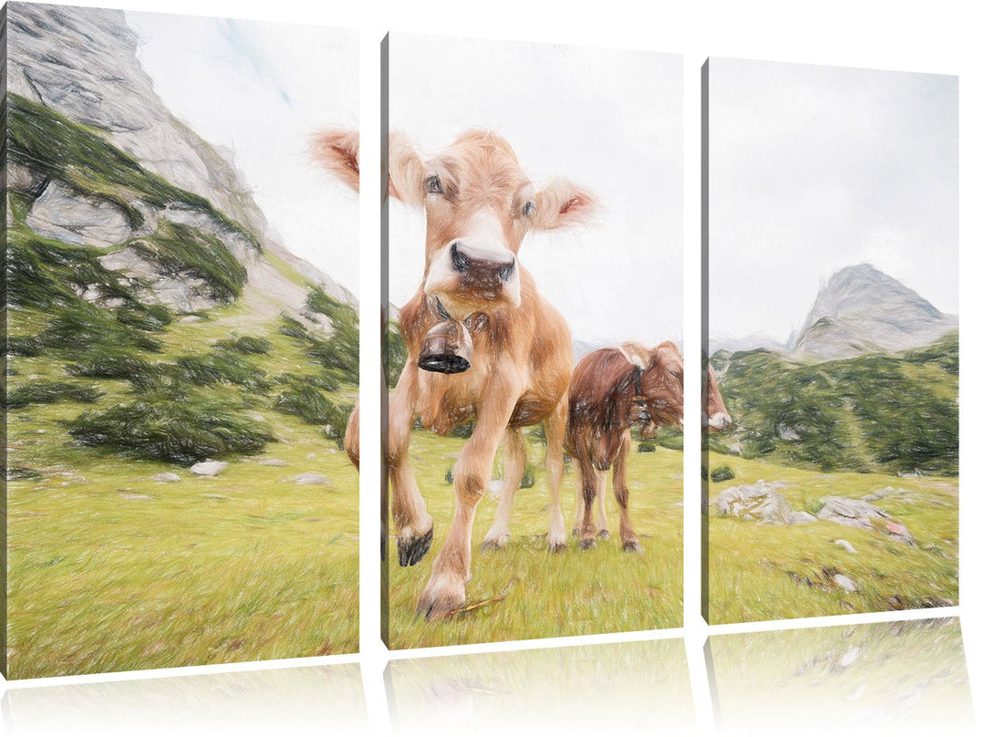 Pixxprint Almkuh auf der Weide als Leinwandbild/Grösse: 3 Teilig (120x80 cm) cm/Wandbild/Kunstdruck/