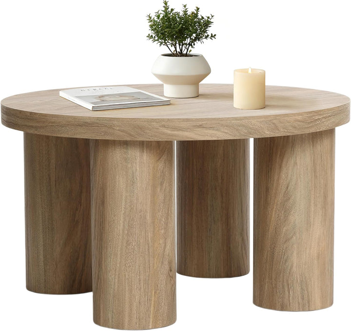 Hometopia Couchtisch Rund 70 cm aus Holz mit Säulenbeinen Eichenoptik Ø70 cm X H40 cm, Eichenoptik Ø
