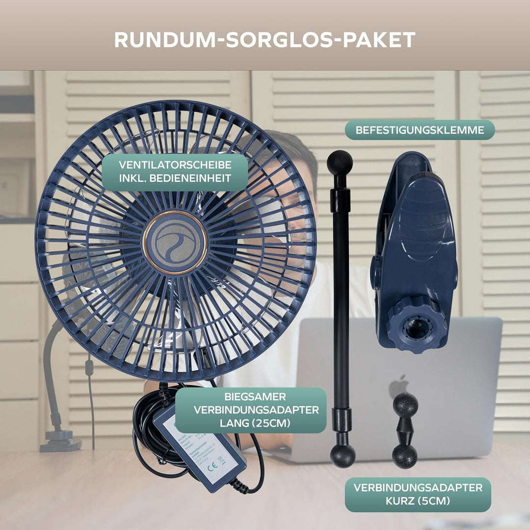 NATURBUMMLER Camping Ventilator AirCool+ leise, USB-C, mit Klemme &amp; Haken Dunkelblau, Dunkelblau