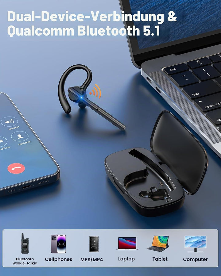New Bee Bluetooth Headset mit 72h Spielzeit Bluetooth V5.1 Freisprech Headset Handy mit LED Ladecase